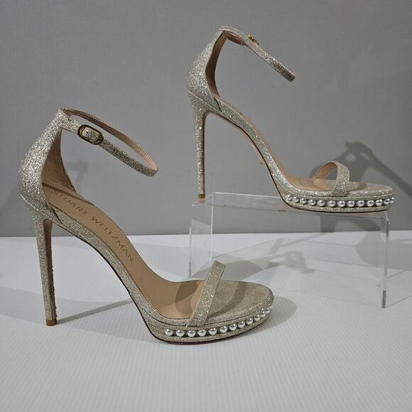 Stuart Weitzman Nudistdisco Pearl Heel 10.5 Metallic Stiletto Platform Evening - Picture 3 of 14